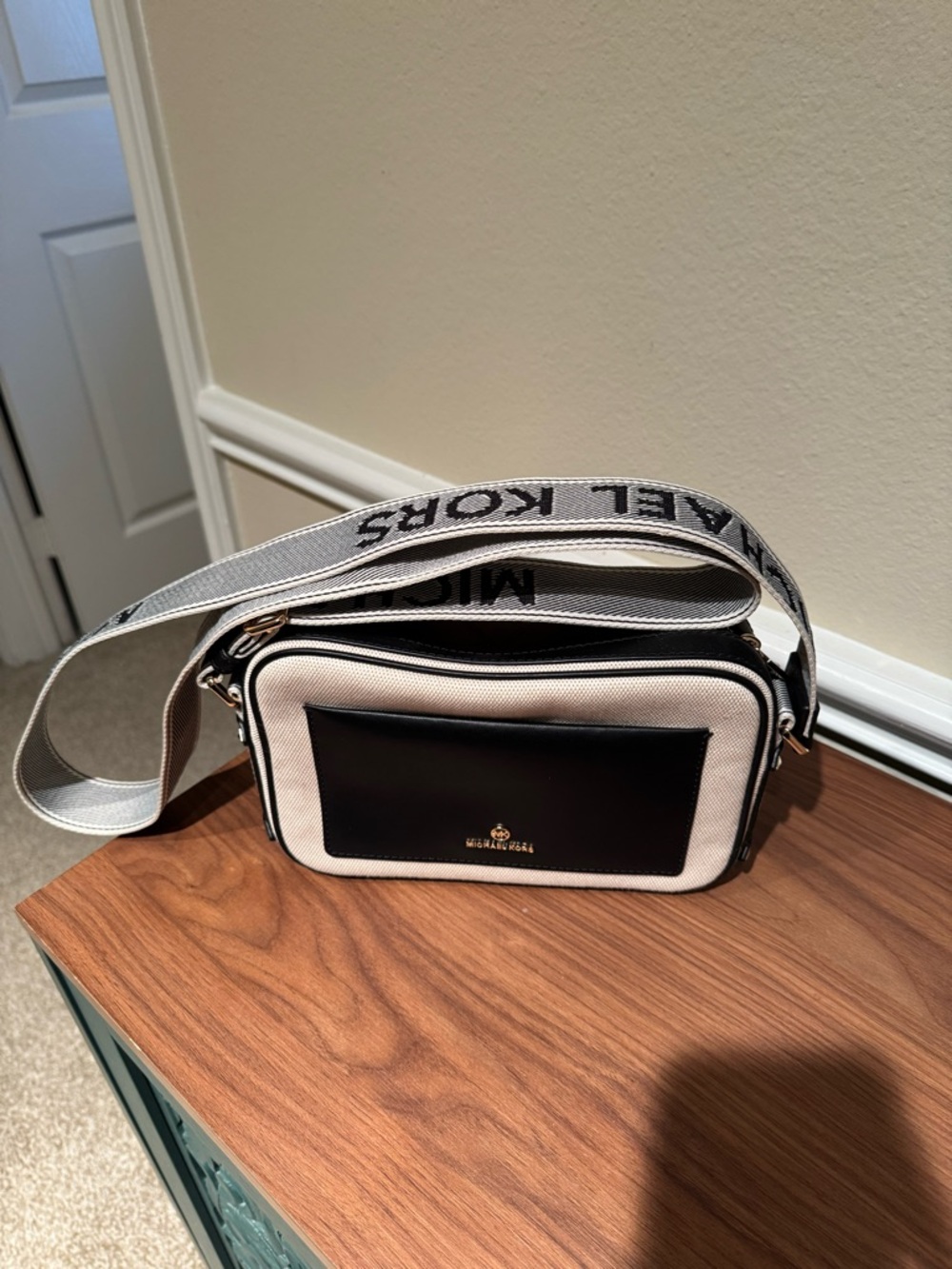 Michael Kors Cream and Black Canvas Crossbody Camera Bag with Branded Strap